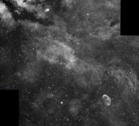 Ha region around Crescent nebula in Cygnus, TS apo 80/6 with Flat2 and QHY23 mono camera. Unfortunately during the night guiding got lost and started new frame around star Sadr. It would be pity just to discard good date so I merged it into two frame semi mosaic. Total exposure around 7hours.